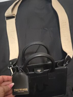 True Religion Black Leather Mini Satchel with Beige Logo Strap